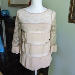 Ann Taylor Women's XS Lace & Chiffon Tiered Sheer 3/4 Sleeve Tan Beige Blouse